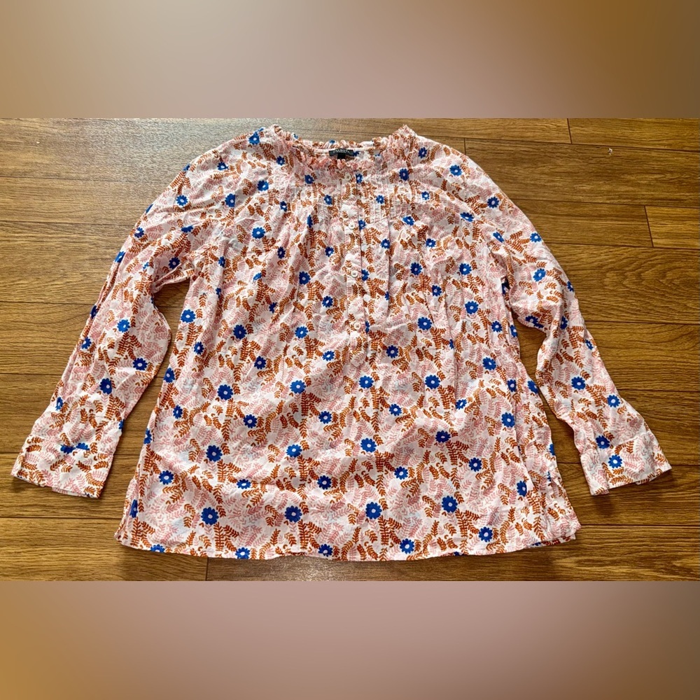 Talbots Pink and Brown Floral Pintuck Long Sleeve Blouse Sz Xp Plus Petite Sheer